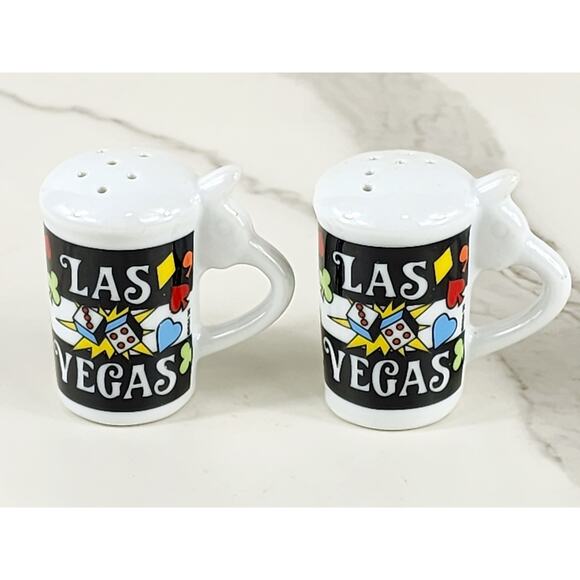 Salt & Pepper Shakers Las Vegas Souvenir 80s Porcelain 2 1/4" Cards Dice Design - Picture 1 of 12